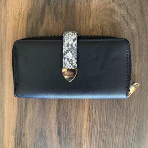 Black Zip Around Wallet with Snakeskin Accent